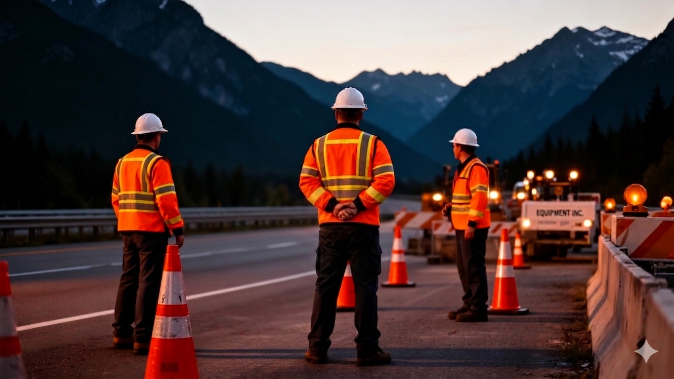 Quickstop traffic control flaggers managing a BC highway work zone at dusk